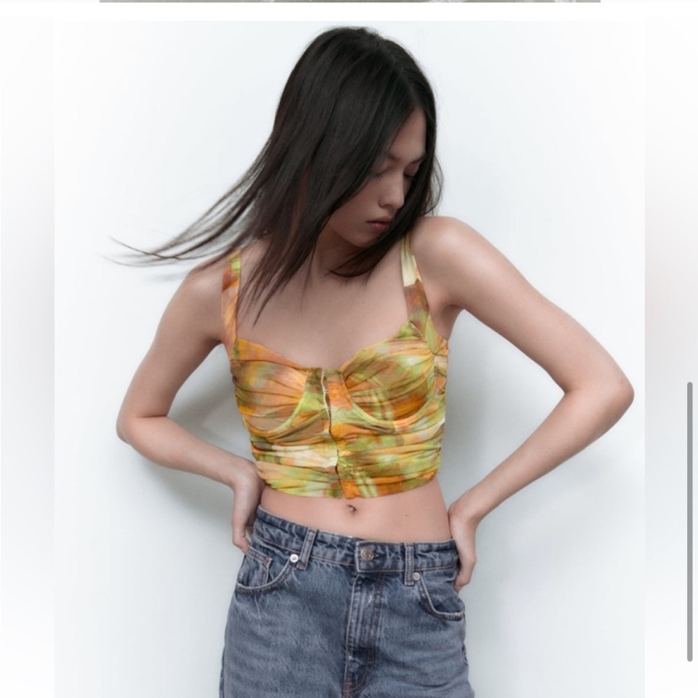 Zara Printed Tulle Corset Green and Orange Women's Top | S